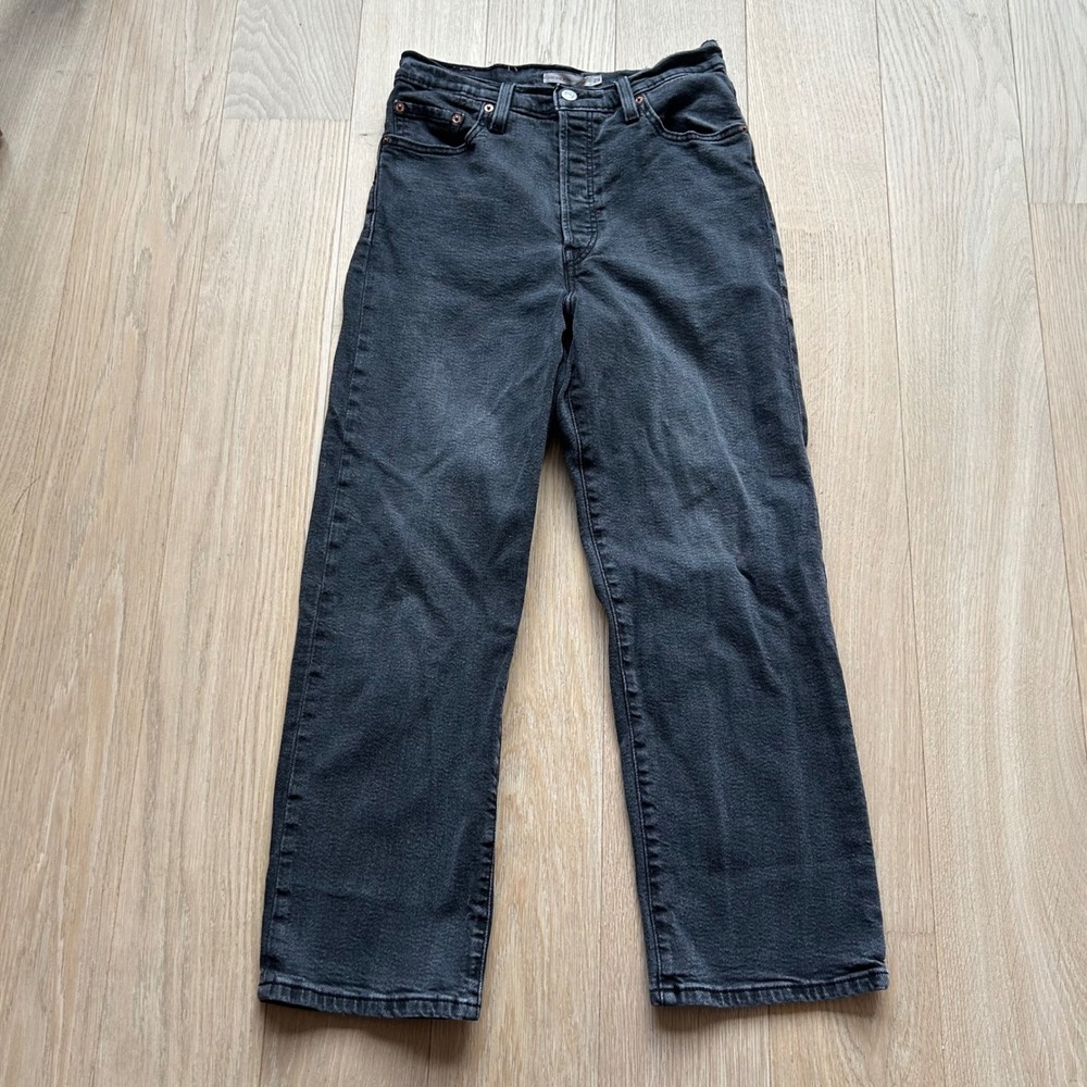 Levi's Ribcage Straight Ankle Jeans 29x27 Black High Rise Button Fly Denim Retro